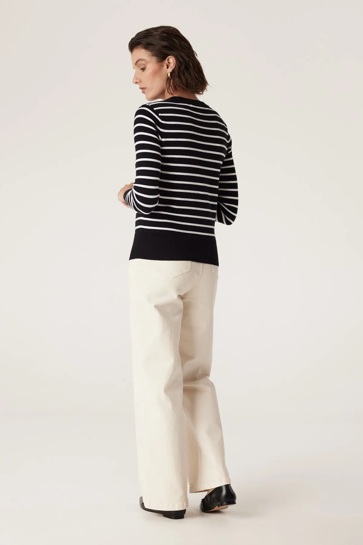 Cable Cotton Stripe Crew Jumper - Black/White