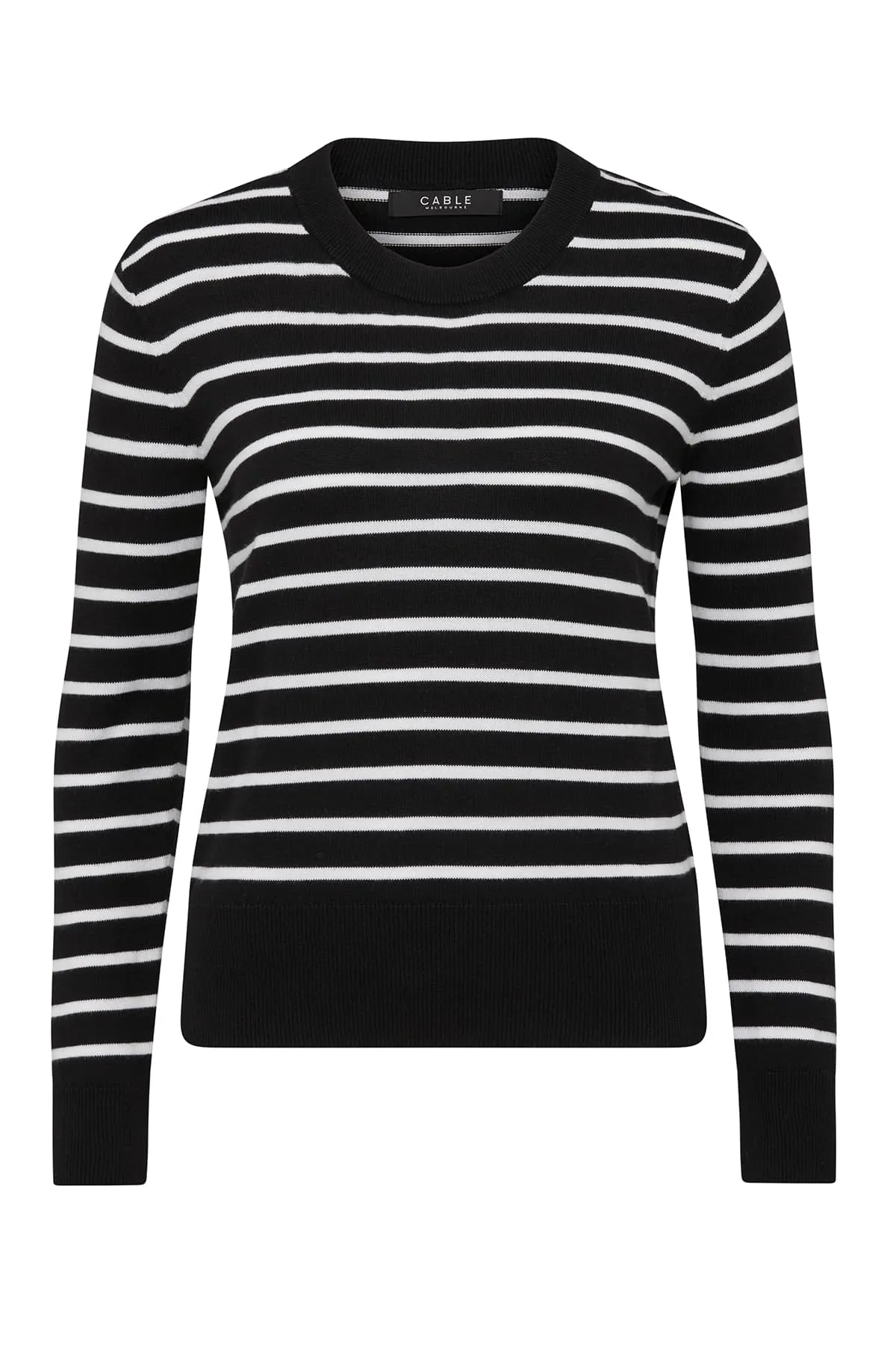 Cable Cotton Stripe Crew Jumper - Black/White