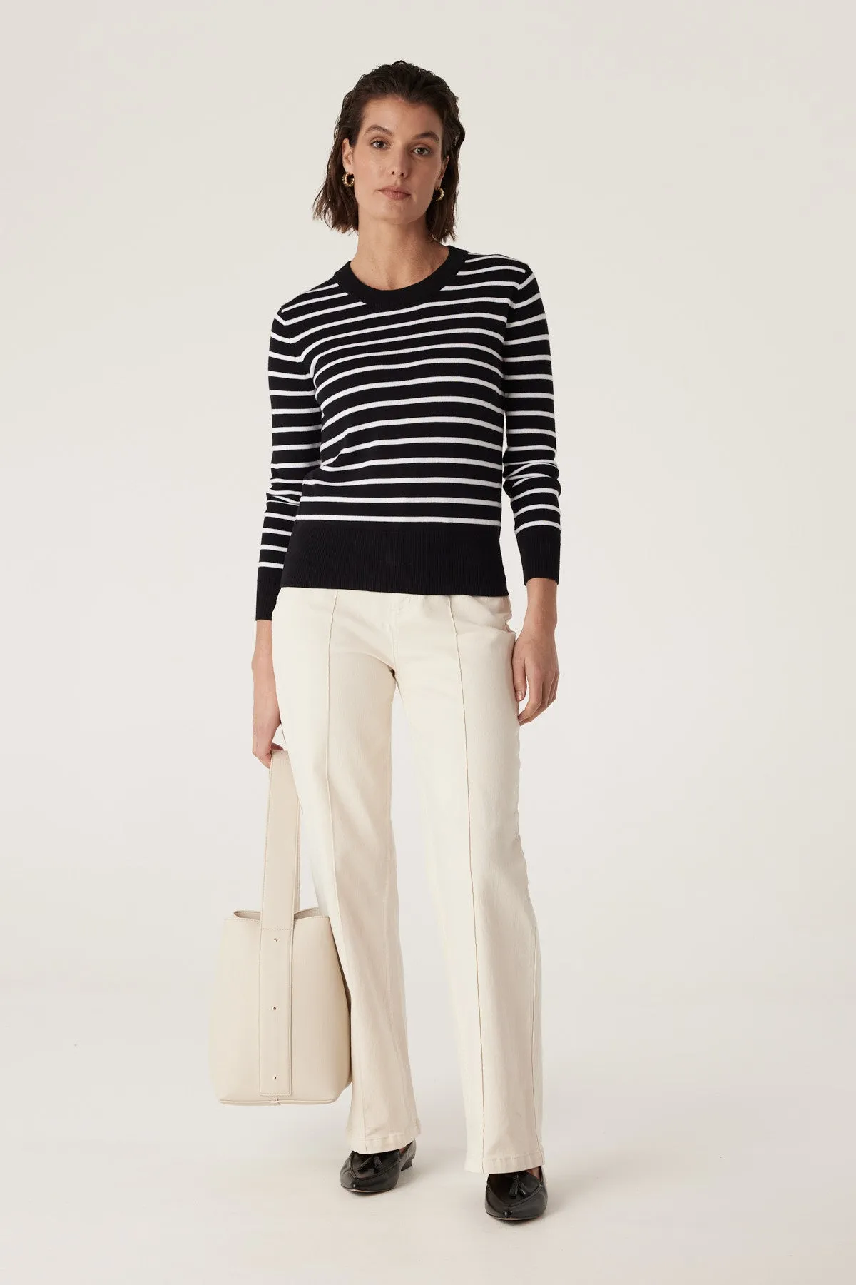 Cable Cotton Stripe Crew Jumper - Black/White