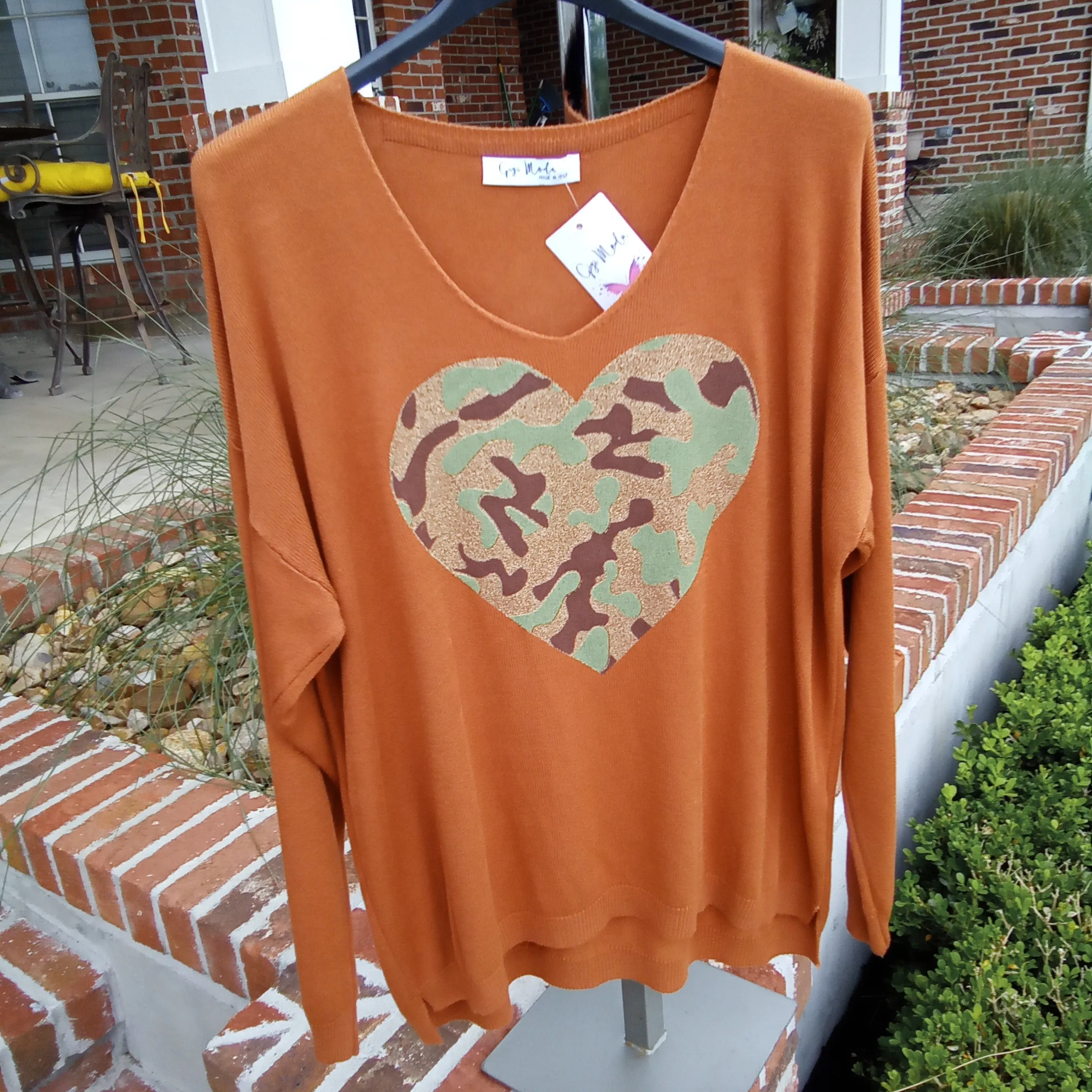 Camo Heart on Terracotta Sweater |  Gigi Moda