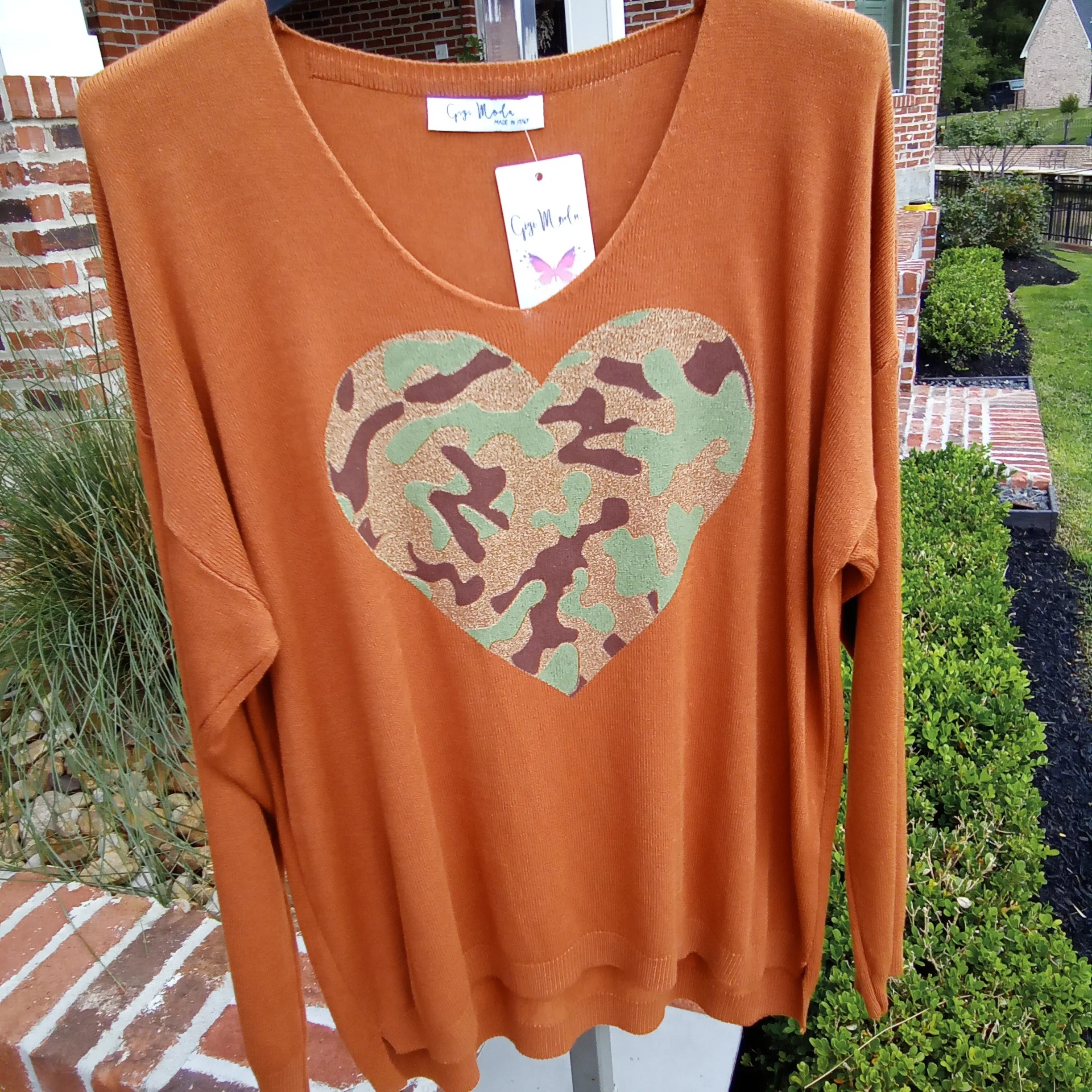 Camo Heart on Terracotta Sweater |  Gigi Moda