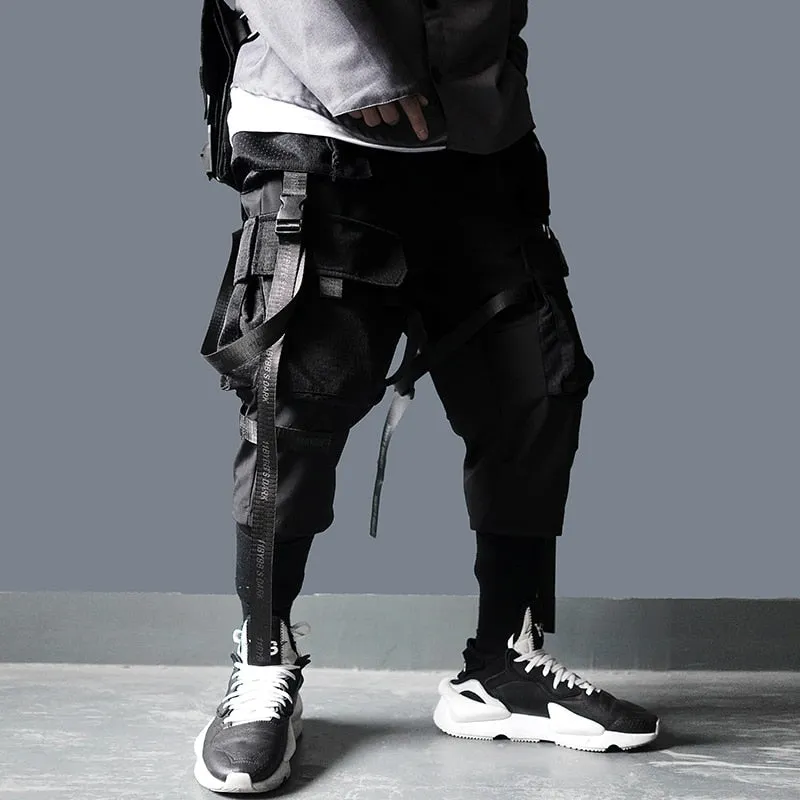 Cargo Pants Men Harajuku Streetwear Tactics Pants Ribbon Multi-pocket Trousers Elastic Waist Hip Hop Male DG29