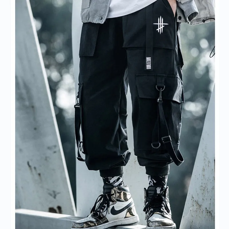 Cargo Pants Men Hip Hop Tactics Joggers Trousers Elastic Waist Ribbon Fahsion Harajuku Streetwear Pant Male WB579