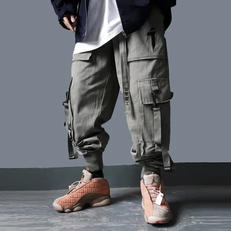 Cargo Pants Men Hip Hop Tactics Joggers Trousers Elastic Waist Ribbon Fashion Harajuku Streetwear Pant Male WX001