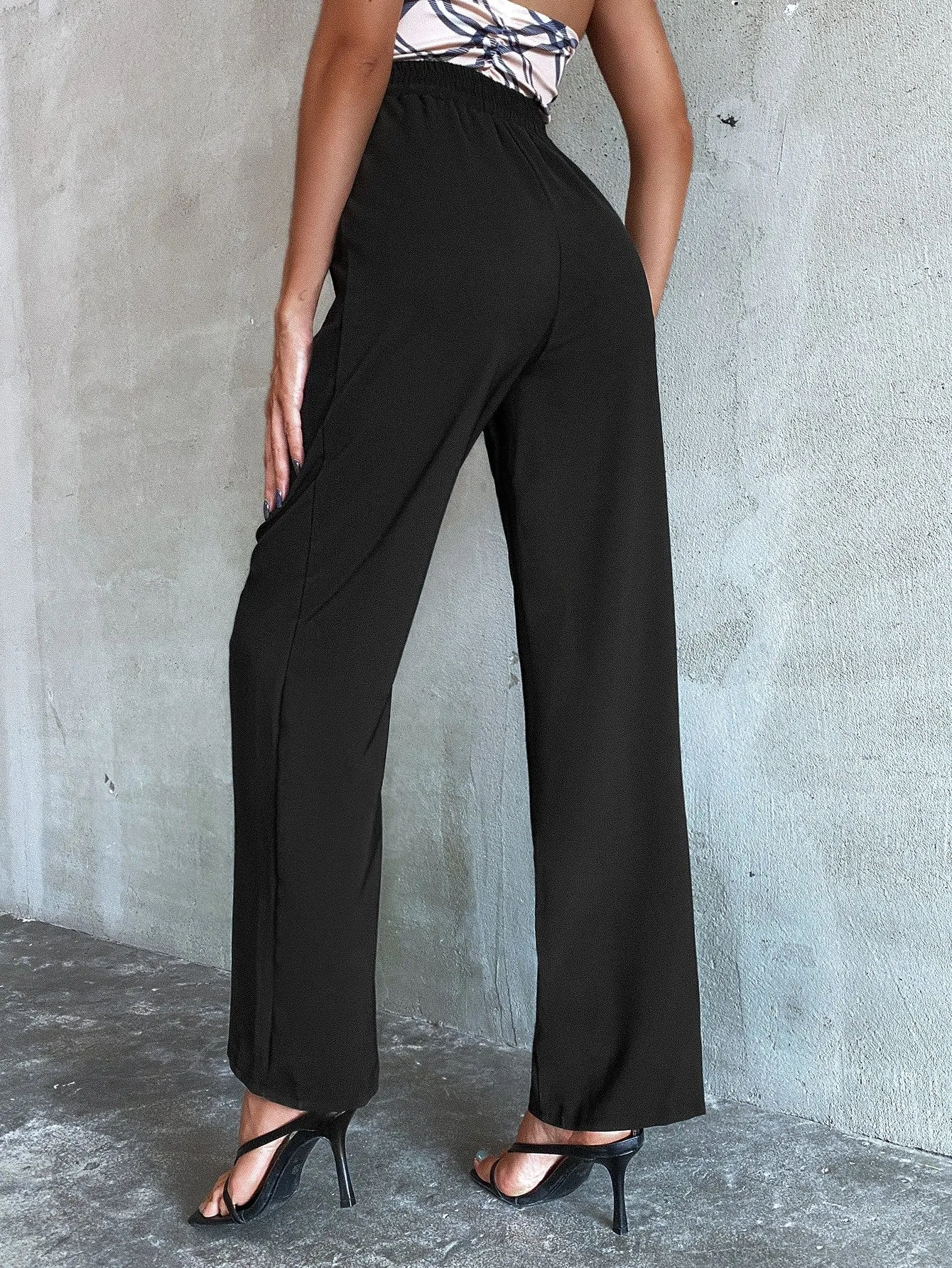 Casual Plain Tie Front High Waist Long Women Pants