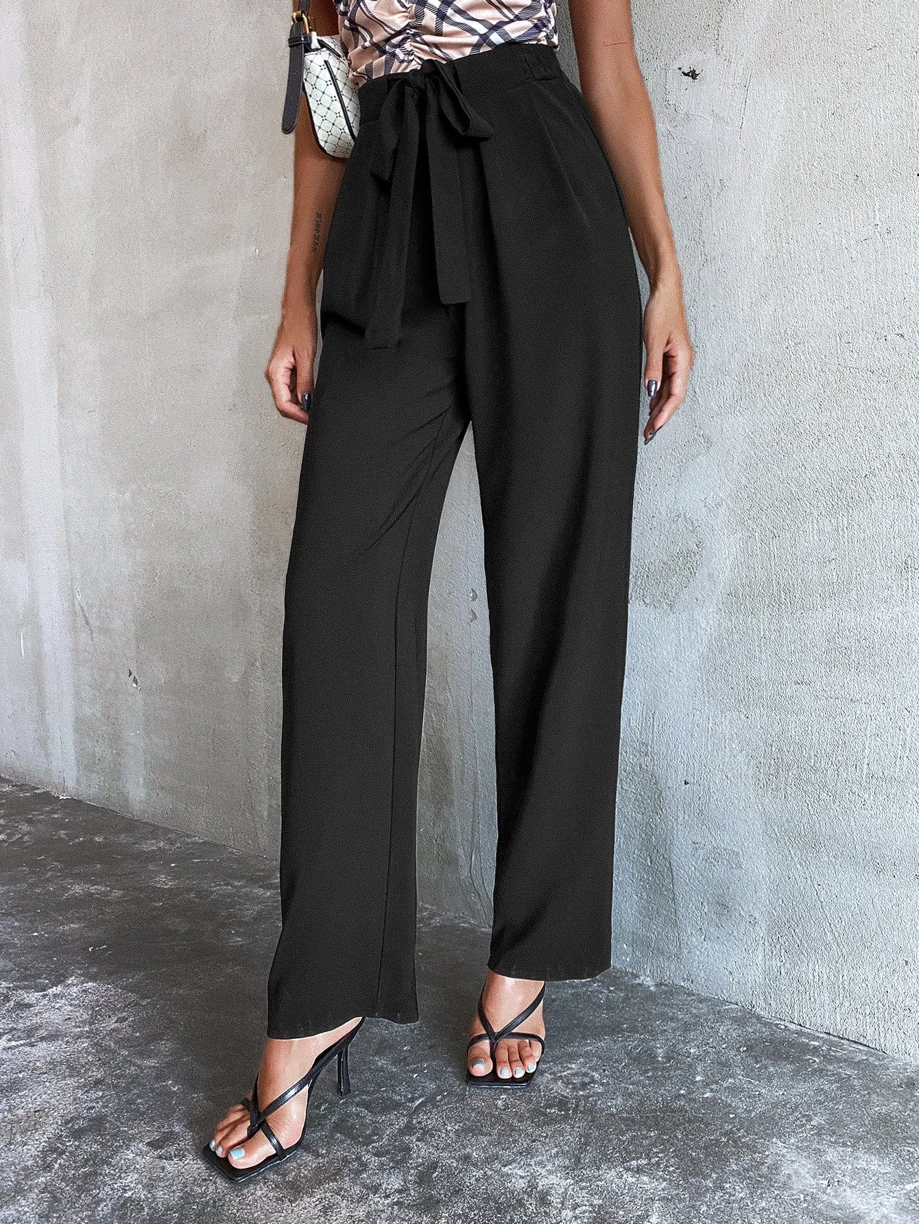 Casual Plain Tie Front High Waist Long Women Pants