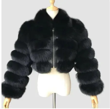 Casual Women’s Cropped Faux Fur Coat – Black & White Fluffy Puffer Jacket with Long Sleeves for Fall & Winter Outwear