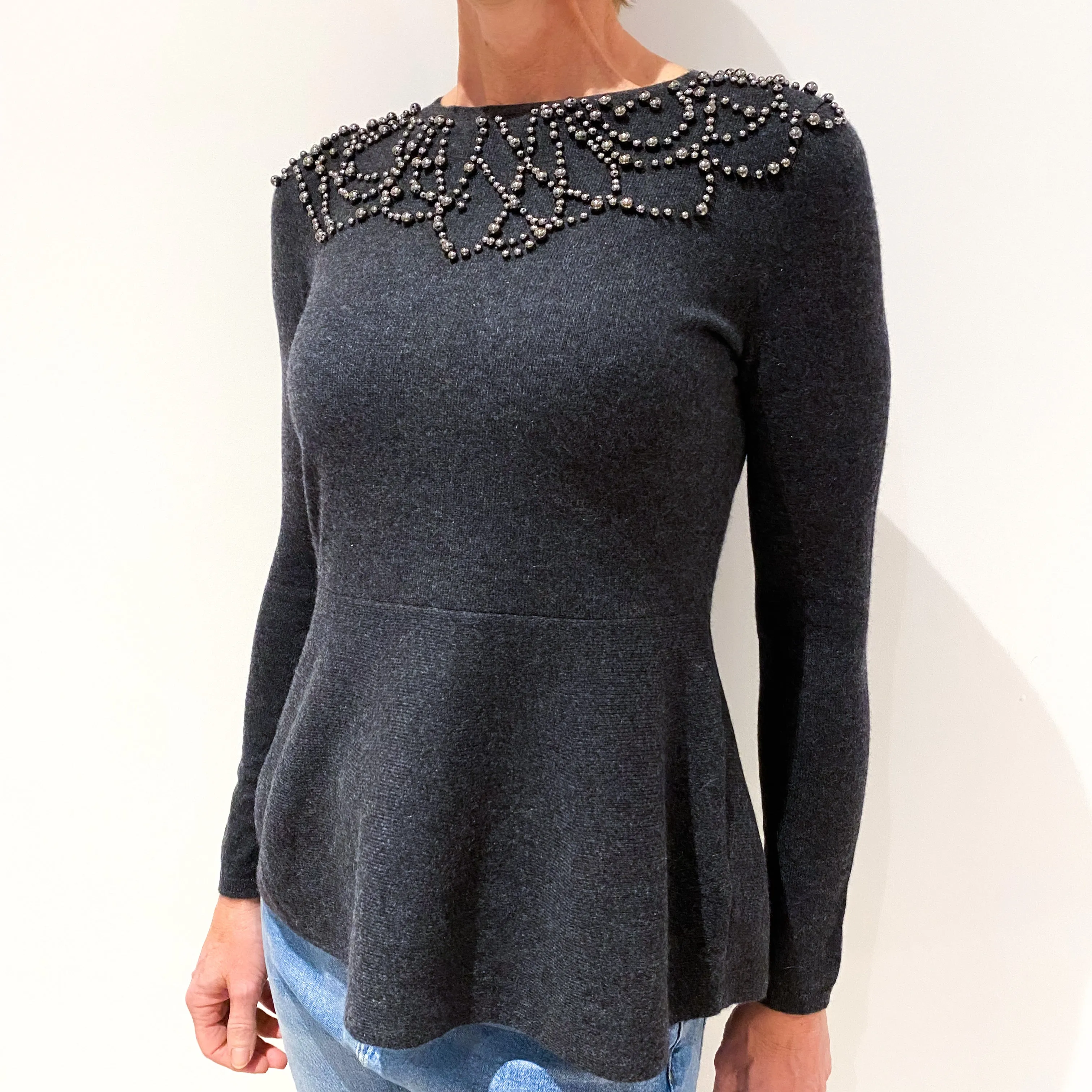 Charcoal Grey Embellished Cashmere Crew Neck Peplum Jumper Small