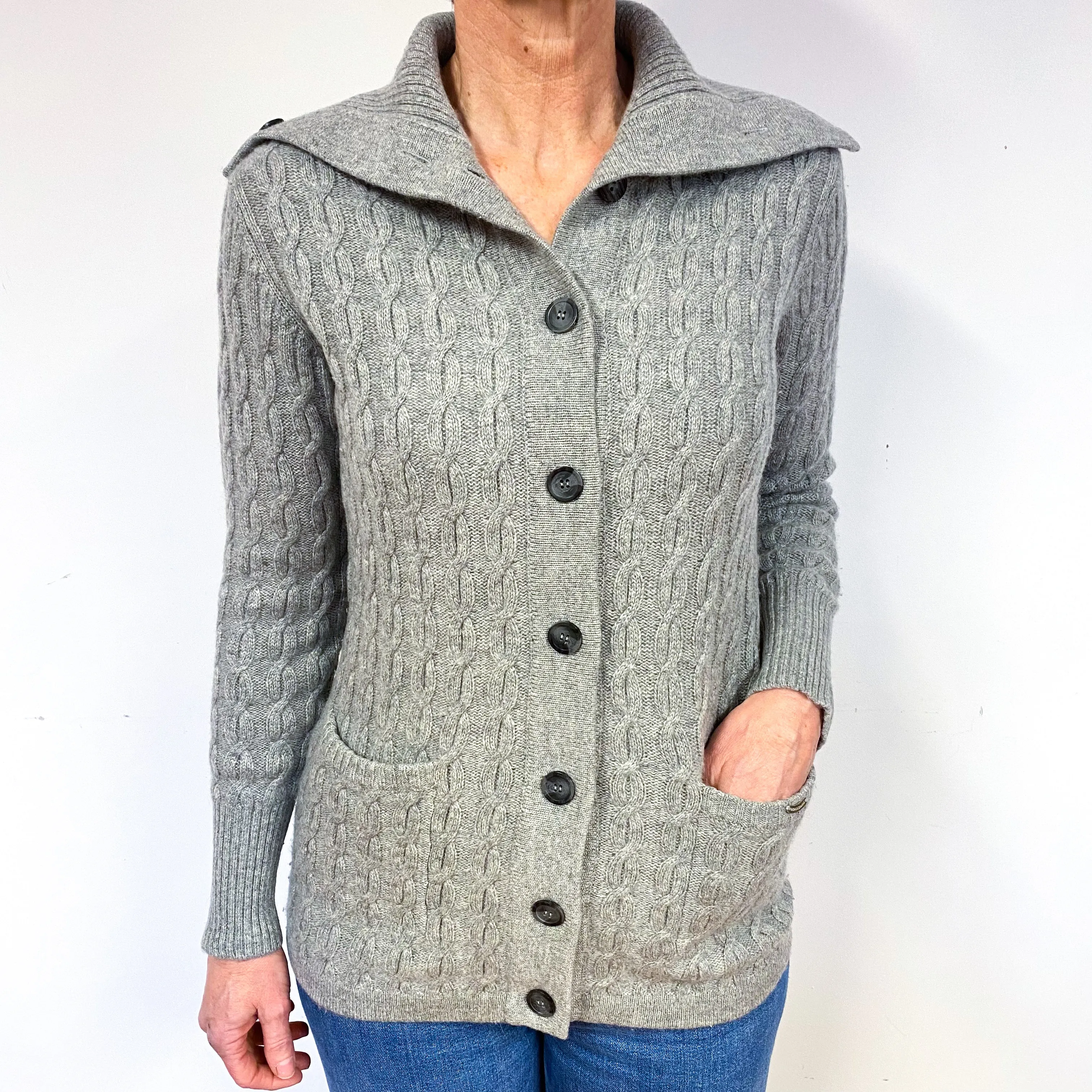 Chunky Smoke Grey Cable Cashmere Collared Cardigan Medium