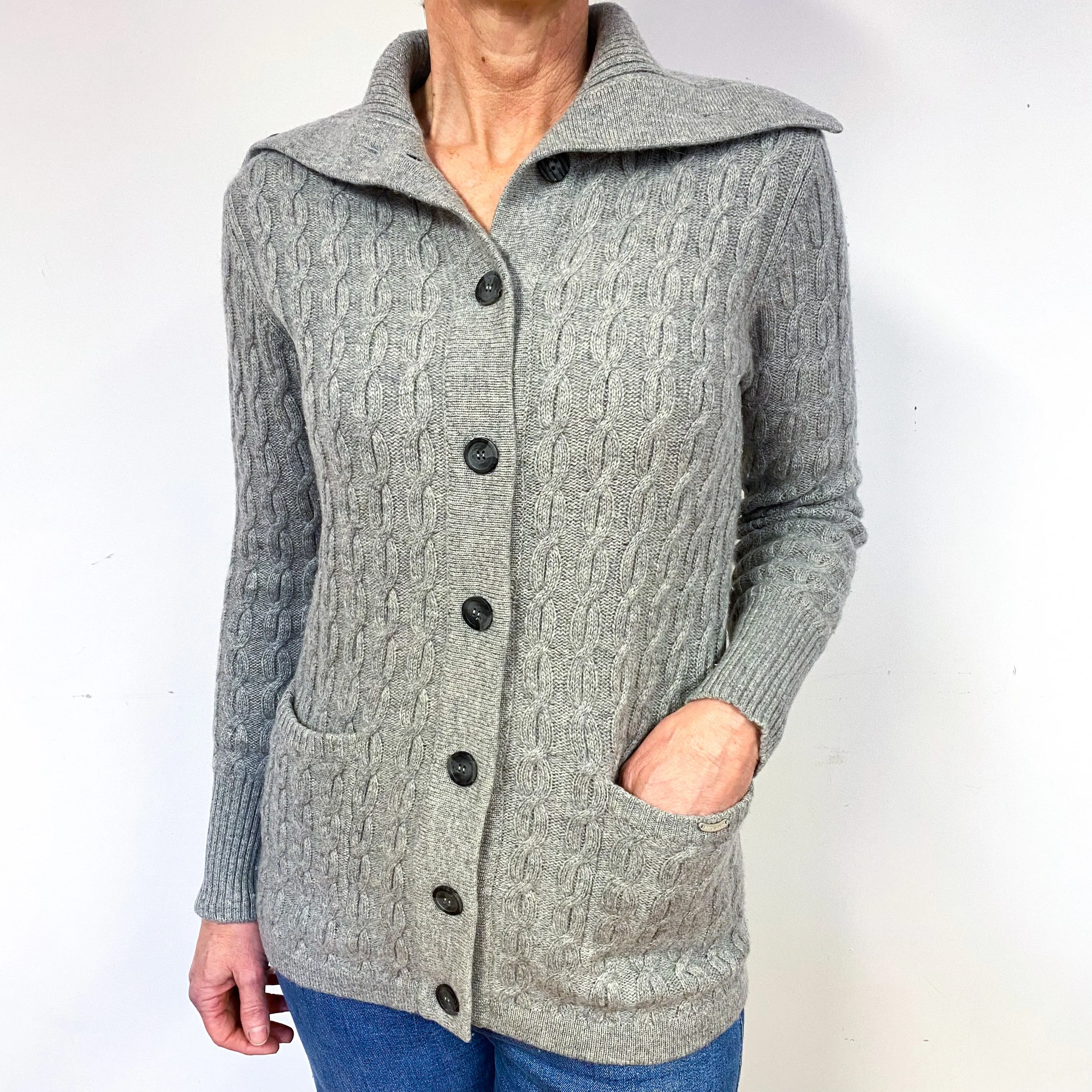 Chunky Smoke Grey Cable Cashmere Collared Cardigan Medium