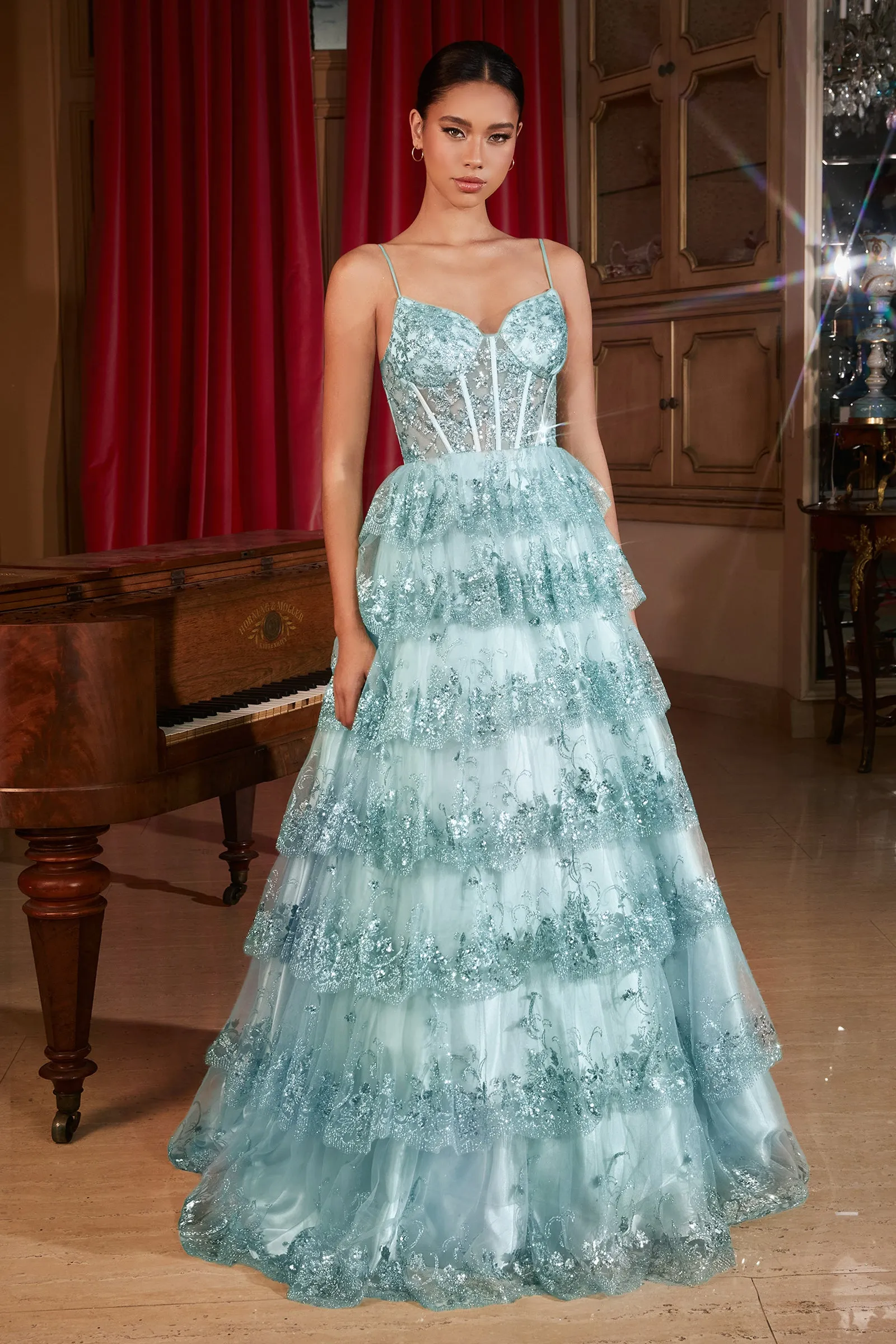 CINDERELLA DIVINE KV1108 A-Line Layered V-Neck Sequin Gown