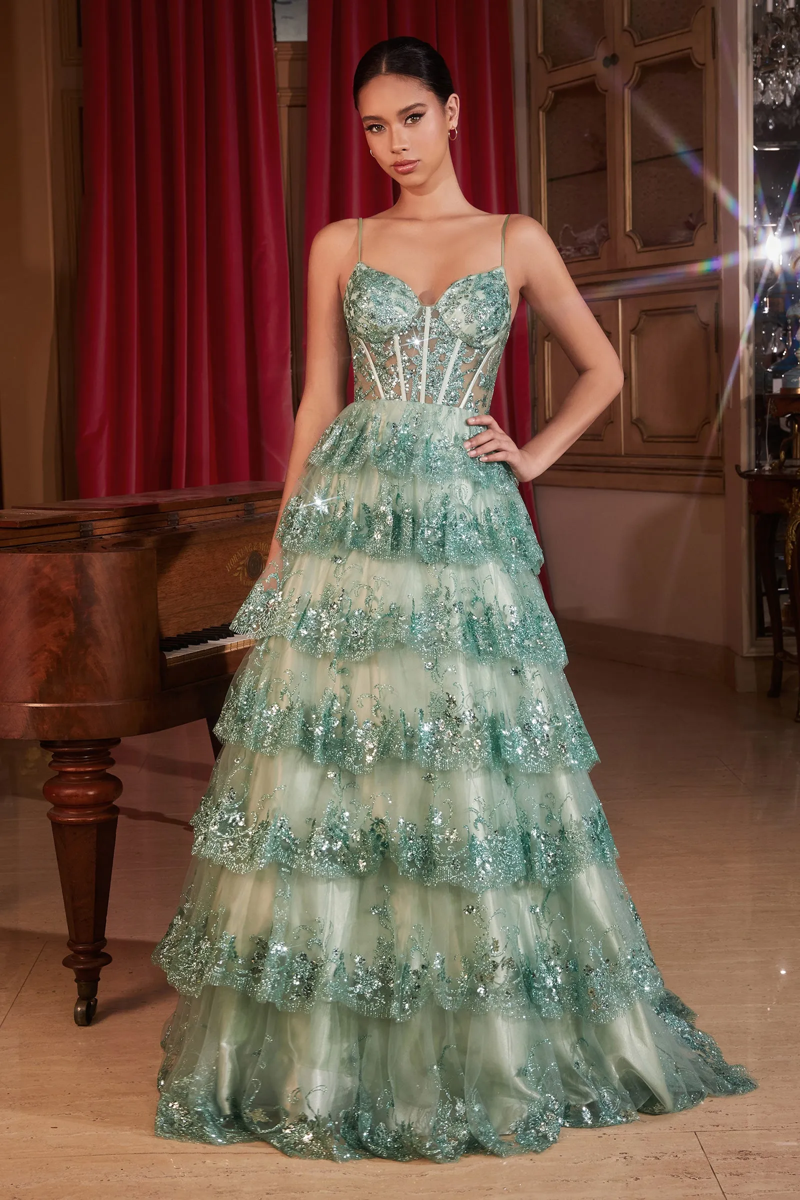 CINDERELLA DIVINE KV1108 A-Line Layered V-Neck Sequin Gown