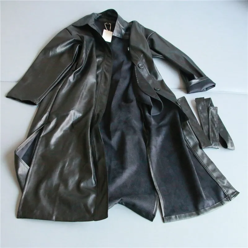 Cool PU Leather Long Jacket Nice New Autumn Women Loose Belt PU