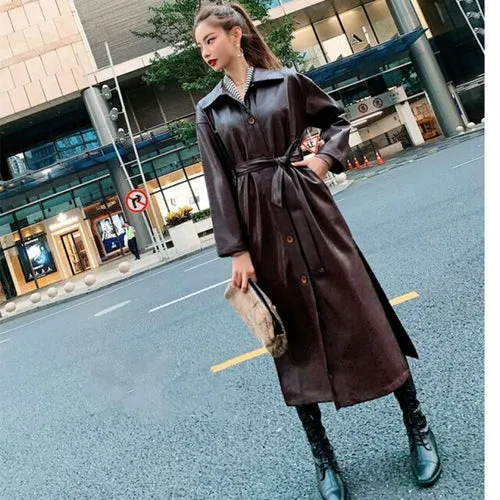 Cool PU Leather Long Jacket Nice New Autumn Women Loose Belt PU