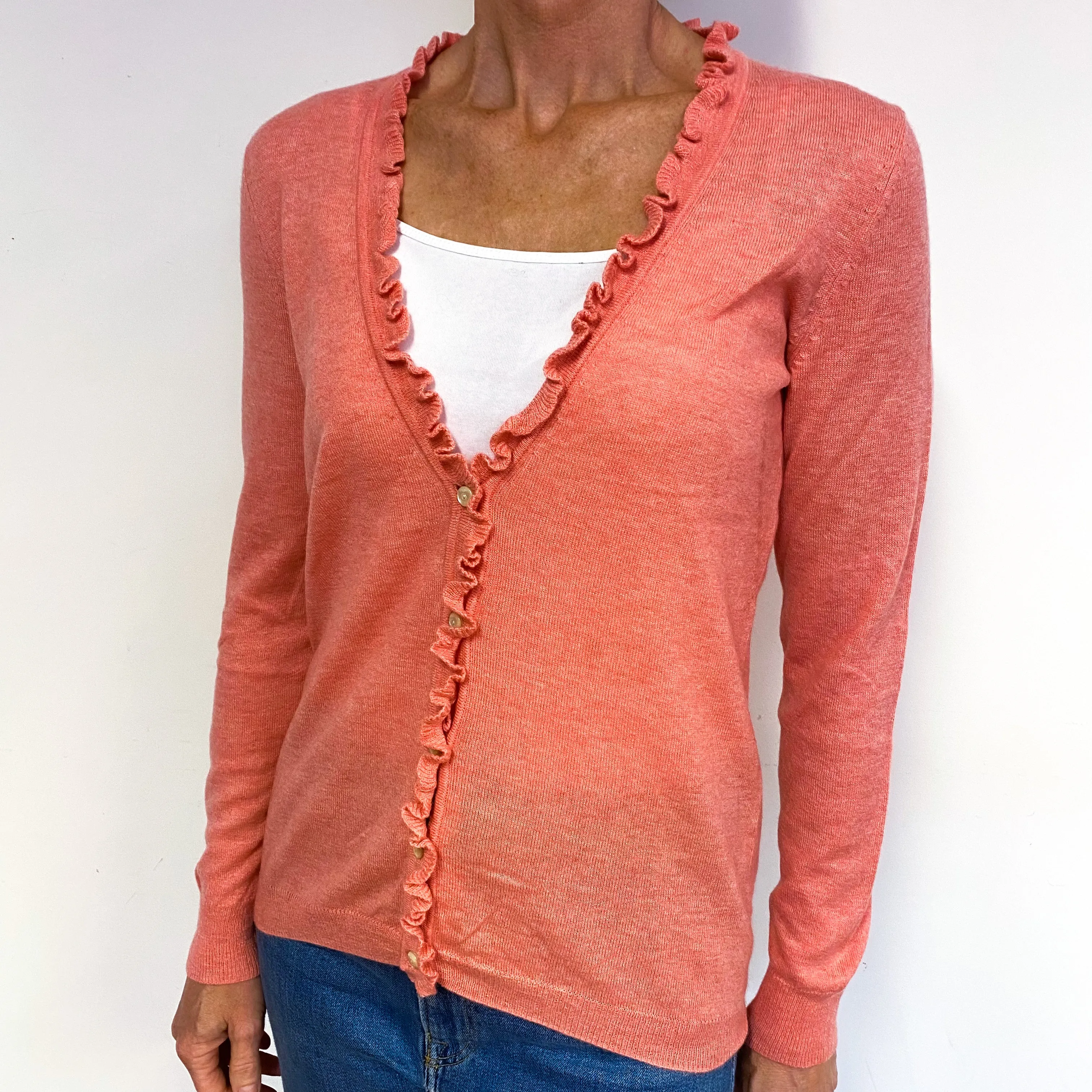 Coral Pink Summer Weight Cashmere V-Neck Cardigan Medium