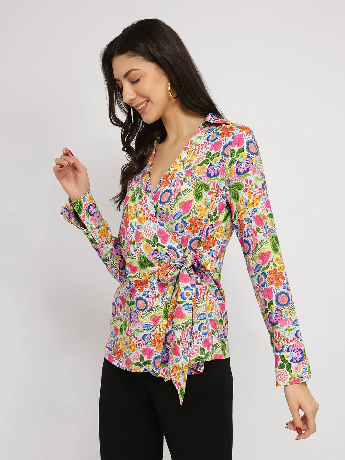 Cotton Blend Wrap Shirt - Multicolour