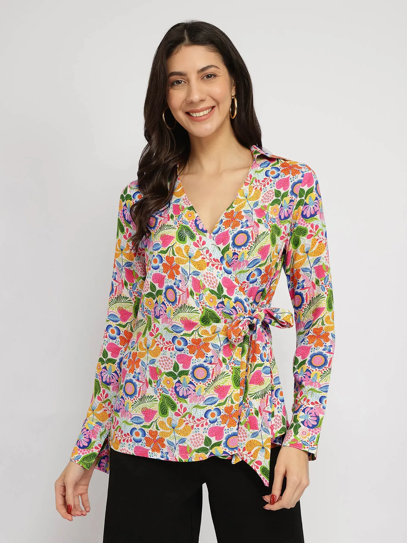 Cotton Blend Wrap Shirt - Multicolour