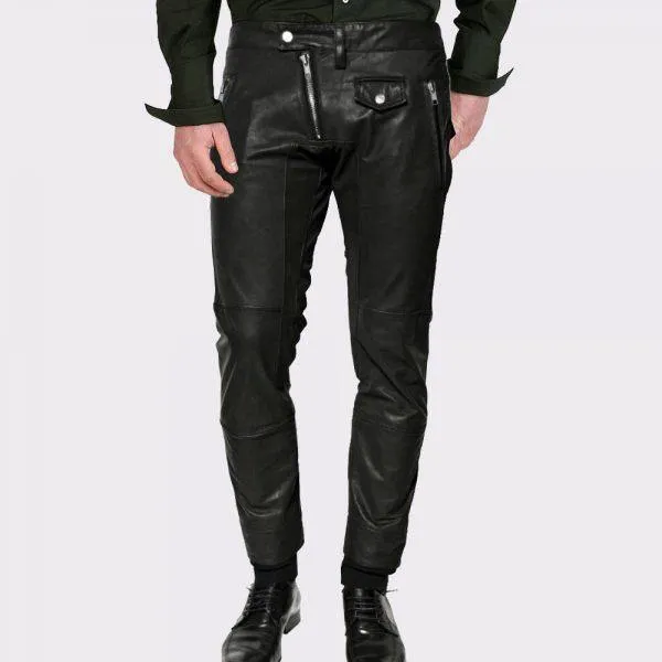 Cross Zip Closing Leather Pant