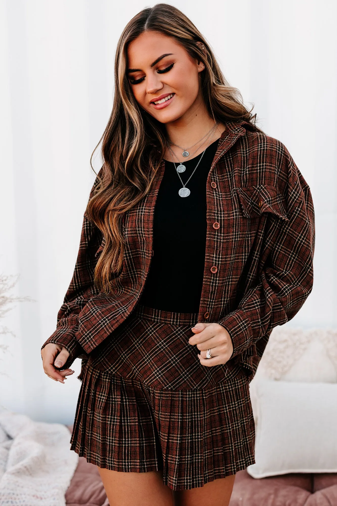 Crushing Hearts Plaid Button-Down Top (Burnt Rust)