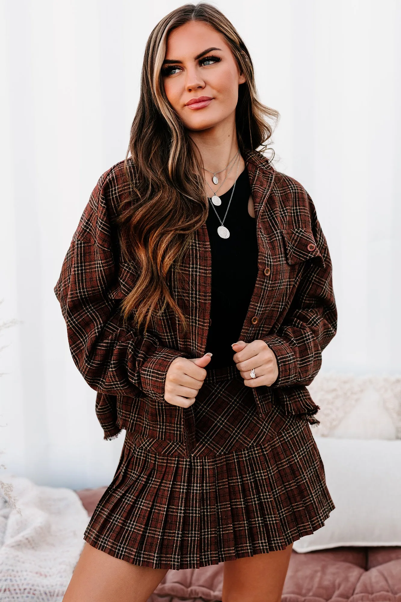 Crushing Hearts Plaid Button-Down Top (Burnt Rust)