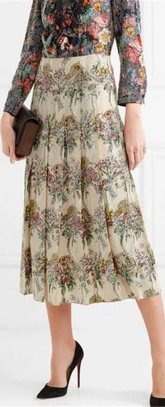 Crystal-Embellished Pleated Printed Skirt