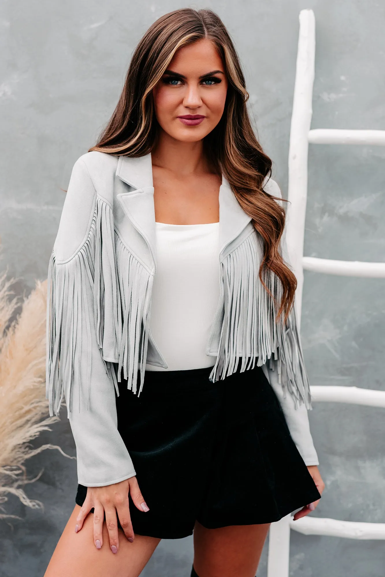 Daring Delight Faux Suede Fringe Jacket (Light Grey)