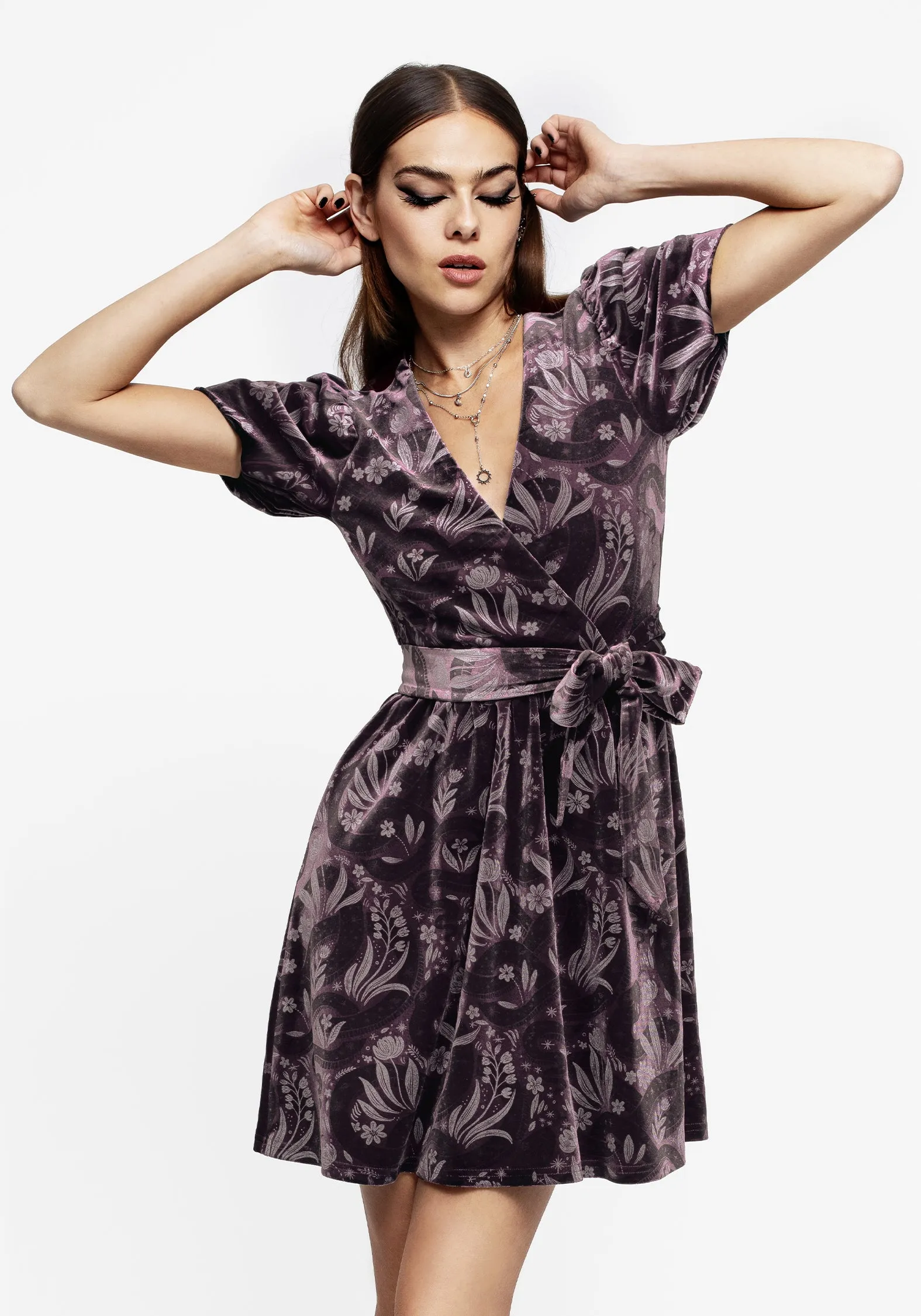 Deception Snake Foil Print Velour Mini Wrap Dress