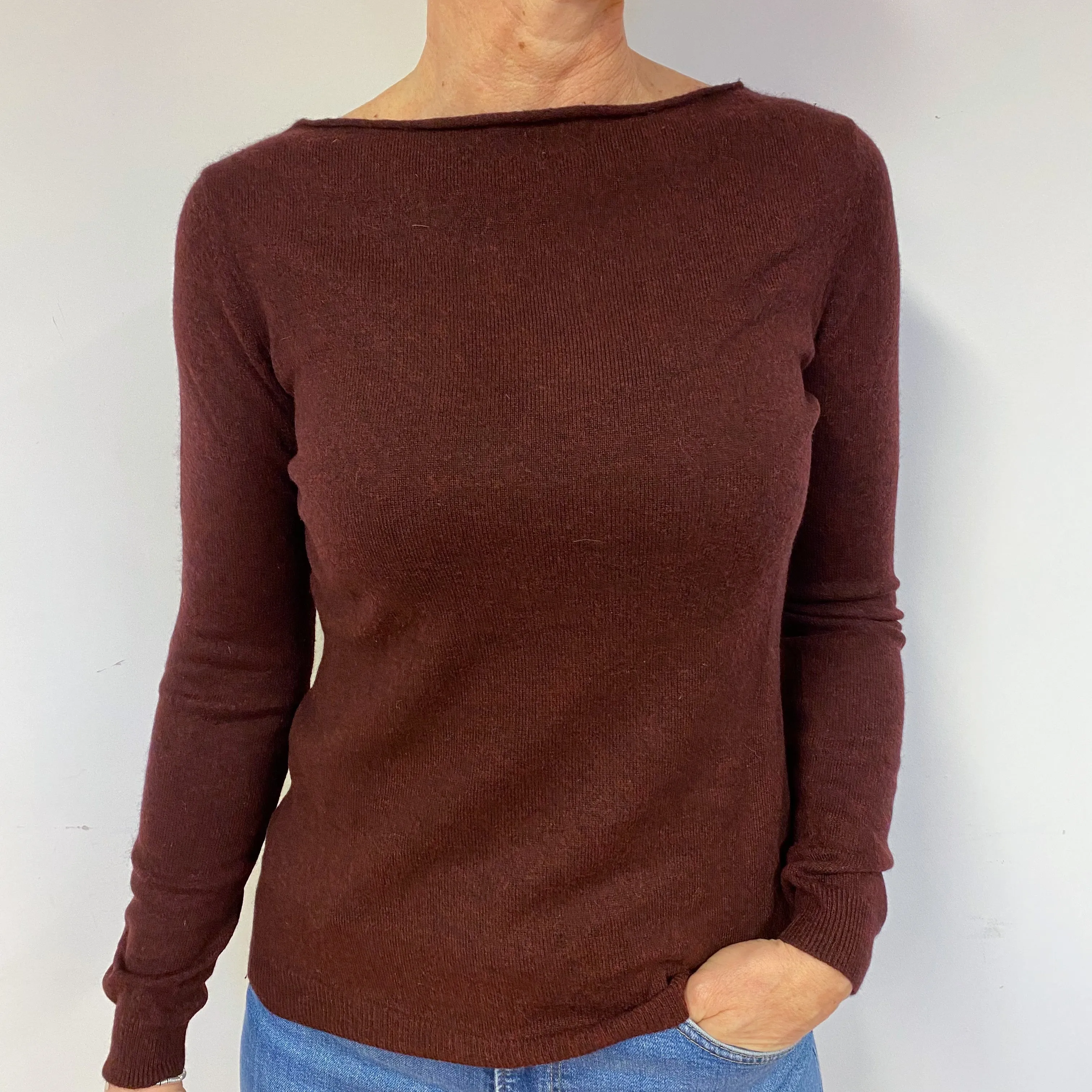 Deep Burgundy Red Cashmere Boat Neck Jumper Medium