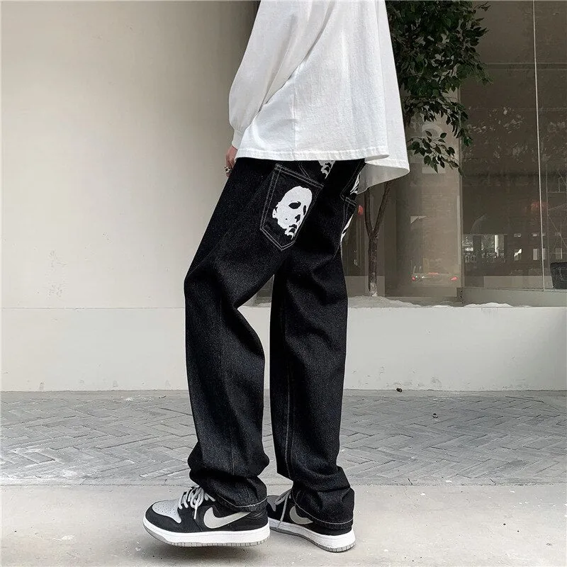 Denim Pants Men Punk Spoof Portrait Print Trousers Gothic Loose Straight Harajuku Streetwear Multiple Pockets Black Jeans Unisex