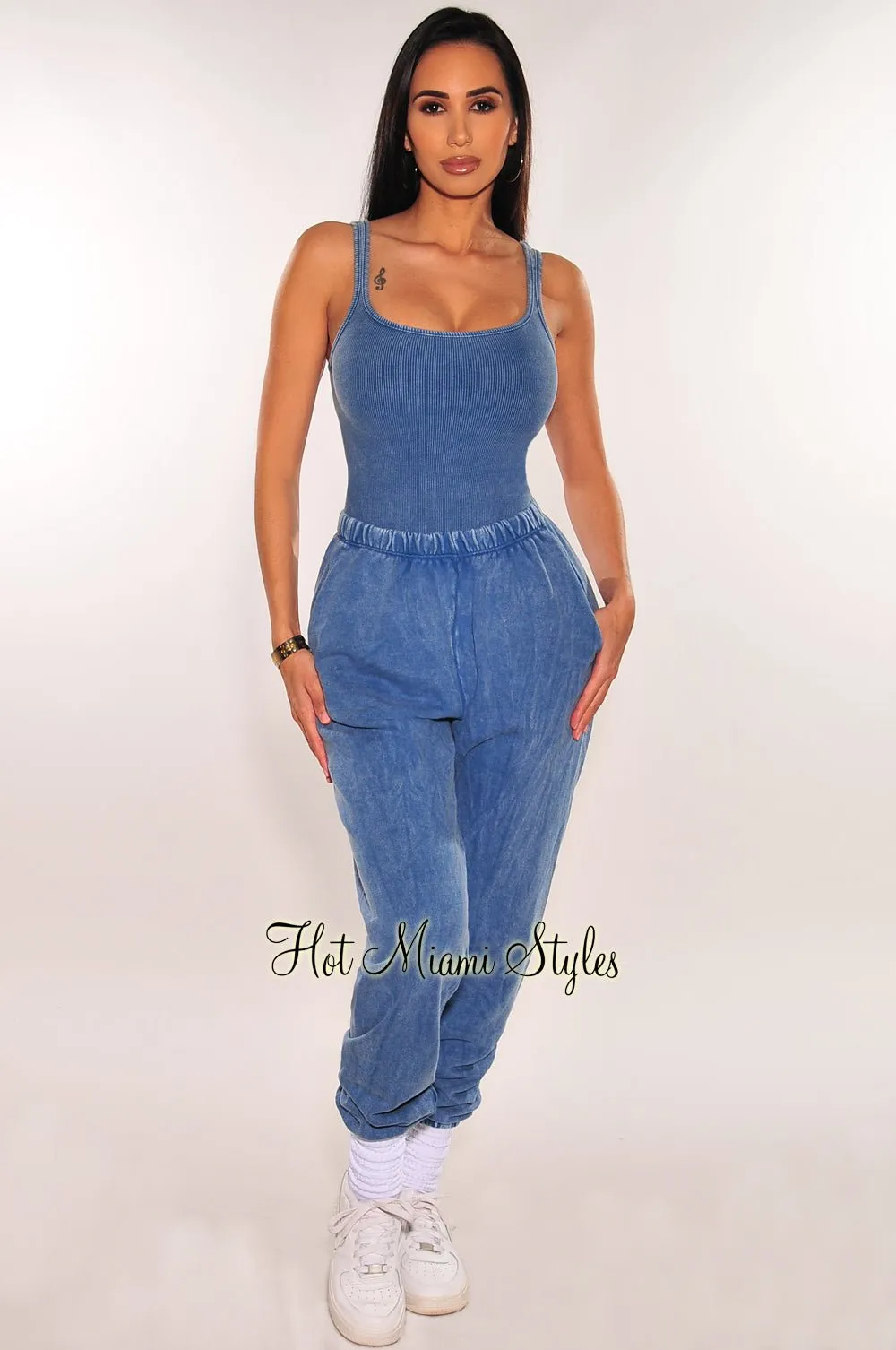 Denim Vintage Wash Bodysuit Jogger Pants Two Piece Set