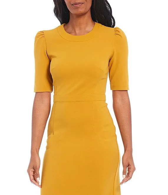 Donna Morgan Puff Sleeve Stretch Crepe Midi Dress