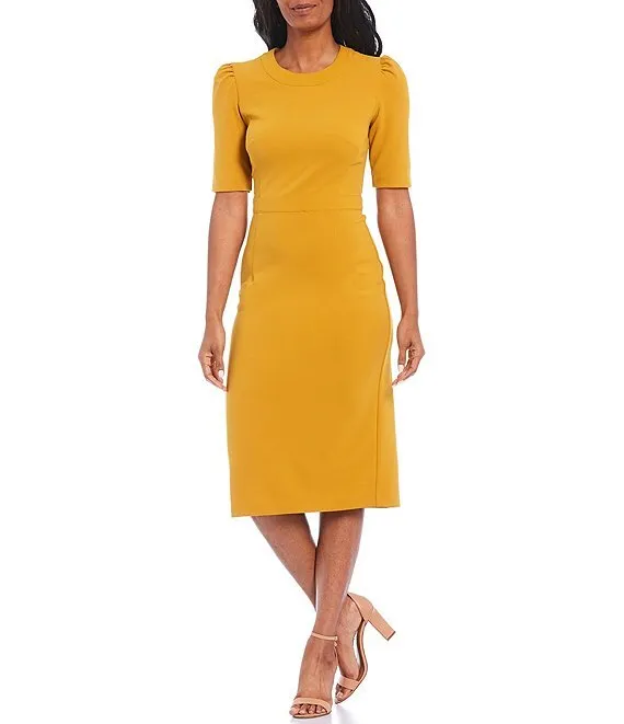 Donna Morgan Puff Sleeve Stretch Crepe Midi Dress