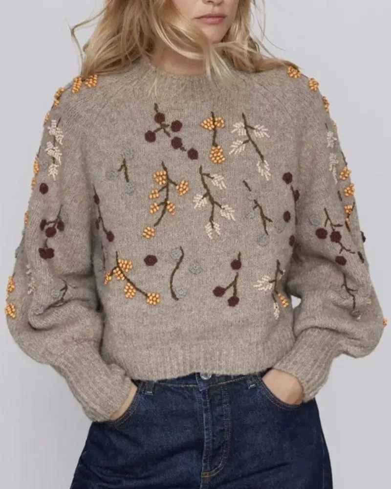 Dunnmall Round Neck Knit Beaded Floral Sweater