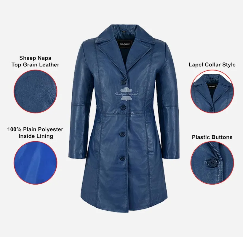 ELEGANT Women's Leather Trench Coat Classic 3/4 Length Leather COAT