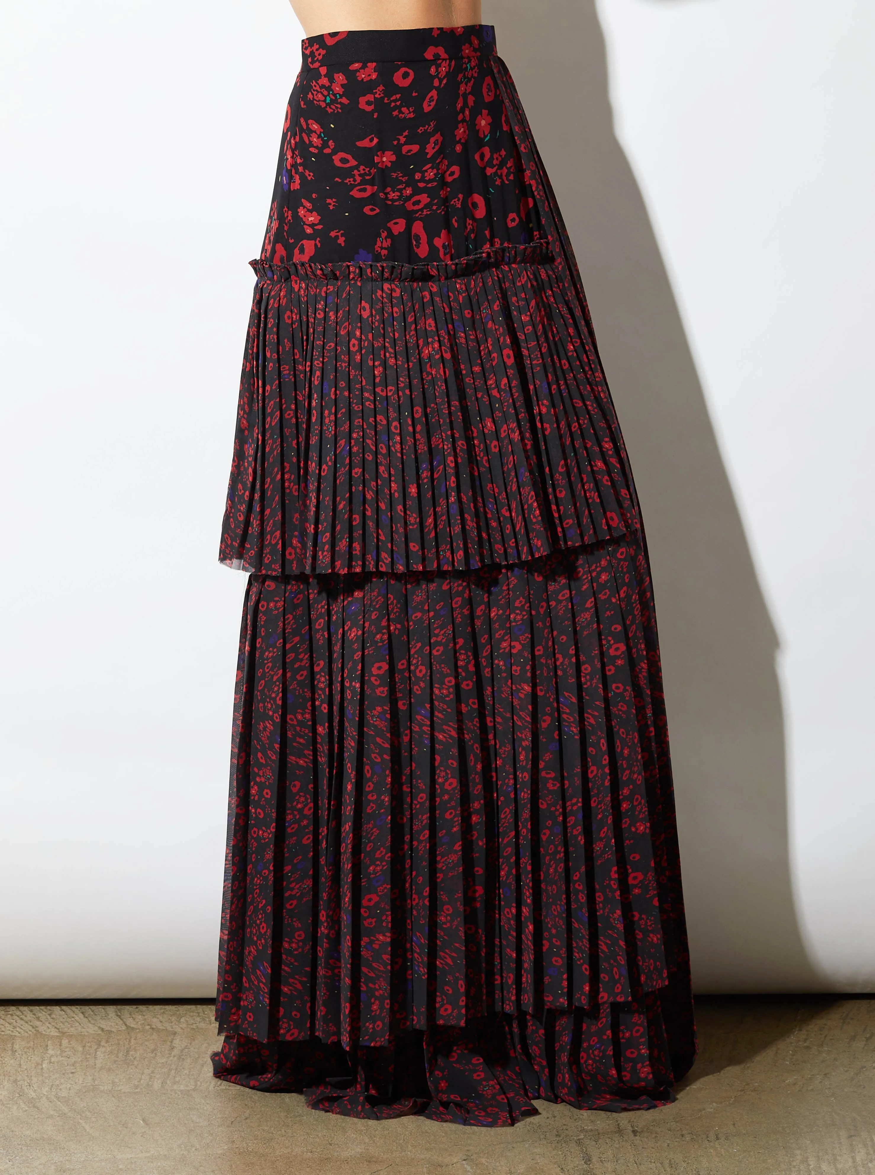 ELI LAYERED PLEAT SKIRT, RED PRINT