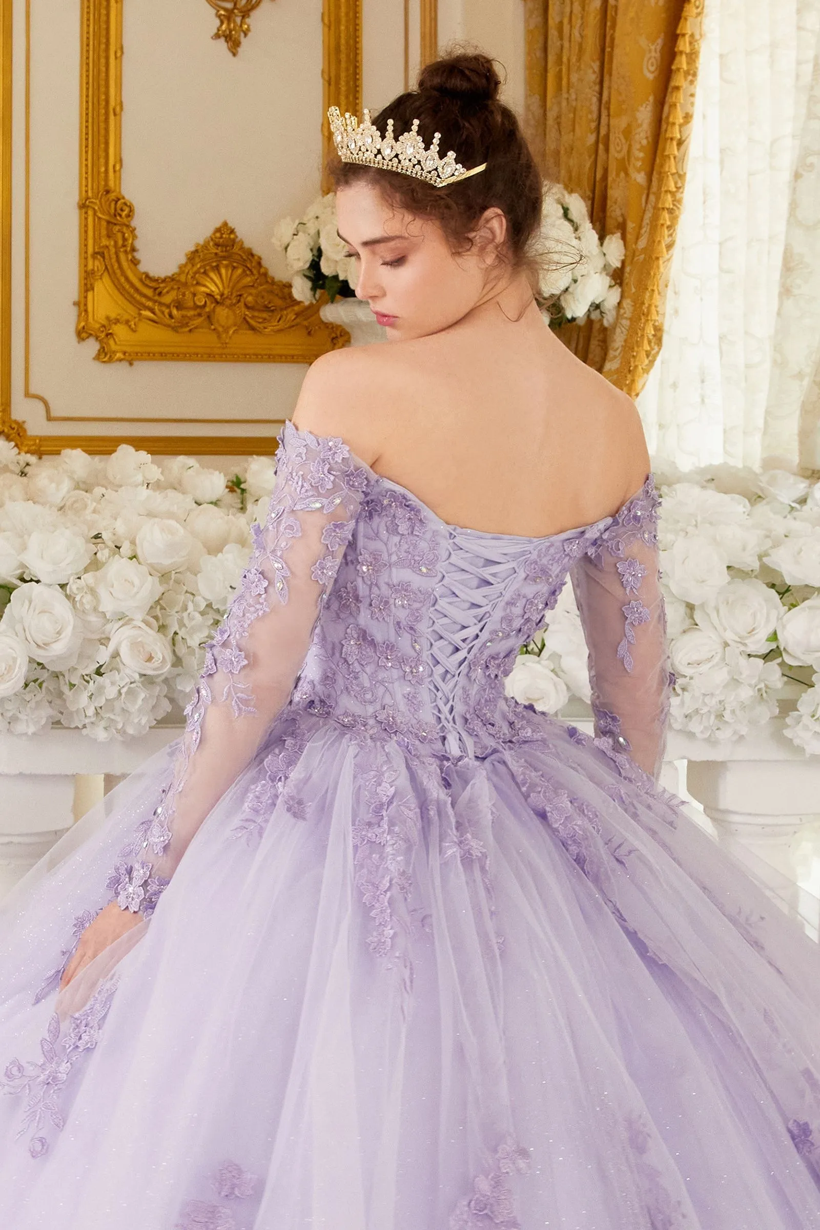 EVELORA Sheer Lace Long Sleeve Quinceañera Ball Gown Dress