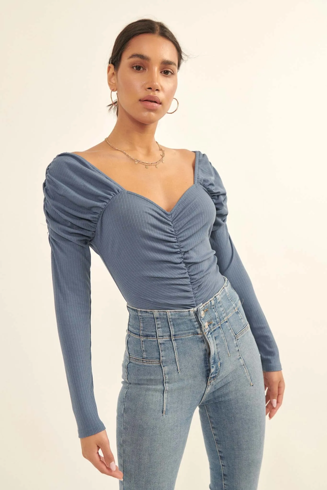 Fairytale Ending Ruched Gigot-Sleeve Bodysuit