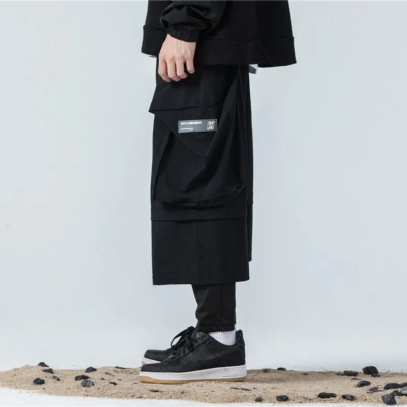 Fake two Pieces Baggy Pants Joggers Men Loose Trousers Autumn Hip Hop Streetwear Cargo Pant Black WB288