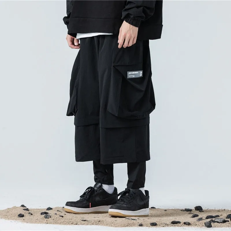 Fake two Pieces Baggy Pants Joggers Men Loose Trousers Autumn Hip Hop Streetwear Cargo Pant Black WB288