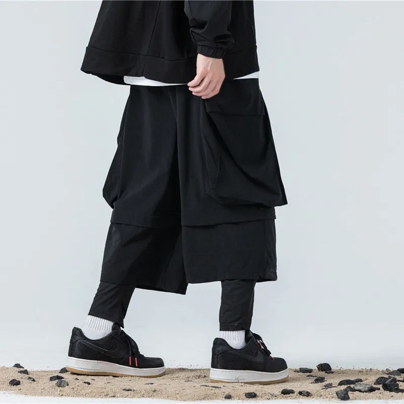 Fake two Pieces Baggy Pants Joggers Men Loose Trousers Autumn Hip Hop Streetwear Cargo Pant Black WB288