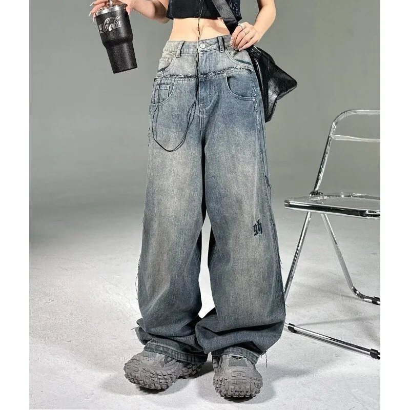 Fashion Punk Baggy Boyfriend Jeans For Women Men Zippers Pockets Y2k Pant Vintage Streetwear Wide Leg Trousers Kop Denim Jeans