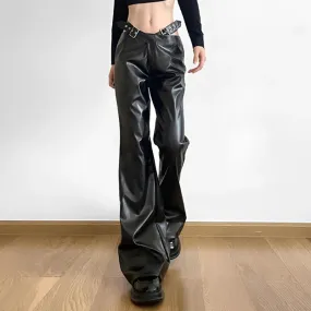 Fashion Punk Buckle Black PU Leather Pants Korean Style Solid Boot Cut Trousers Women Harajuku Autumn Capris Outfits