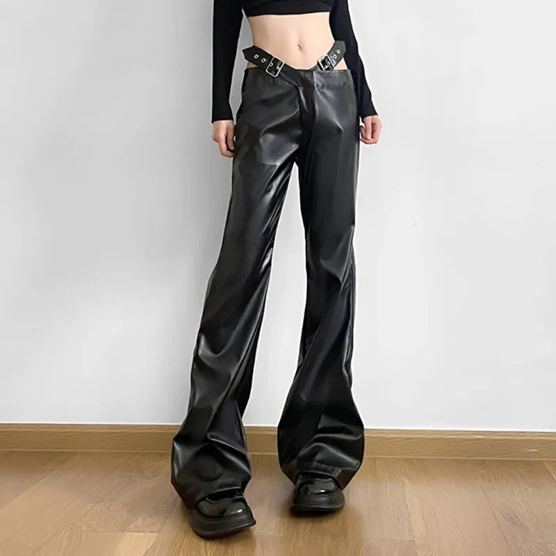 Fashion Punk Buckle Black PU Leather Pants Korean Style Solid Boot Cut Trousers Women Harajuku Autumn Capris Outfits