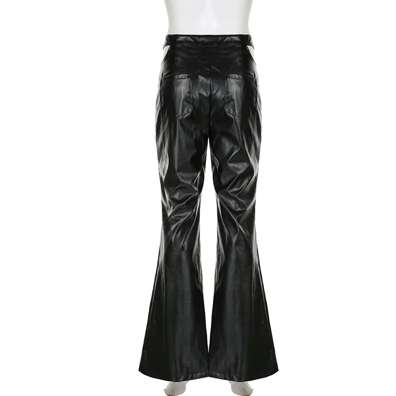 Fashion Punk Buckle Black PU Leather Pants Korean Style Solid Boot Cut Trousers Women Harajuku Autumn Capris Outfits