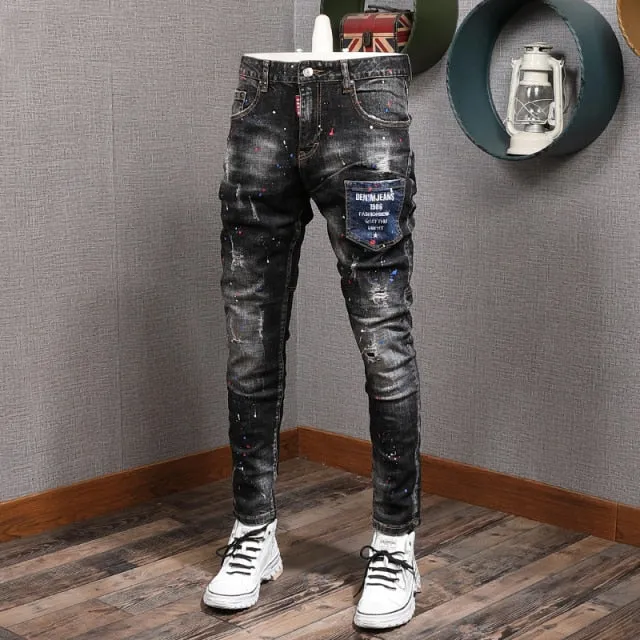 Fashion Streetwear Men Jeans Slim Fit Elastic Destroyed Ripped Denim Trousers Painted Spliced Designer Hip Hop Punk Biker Pants