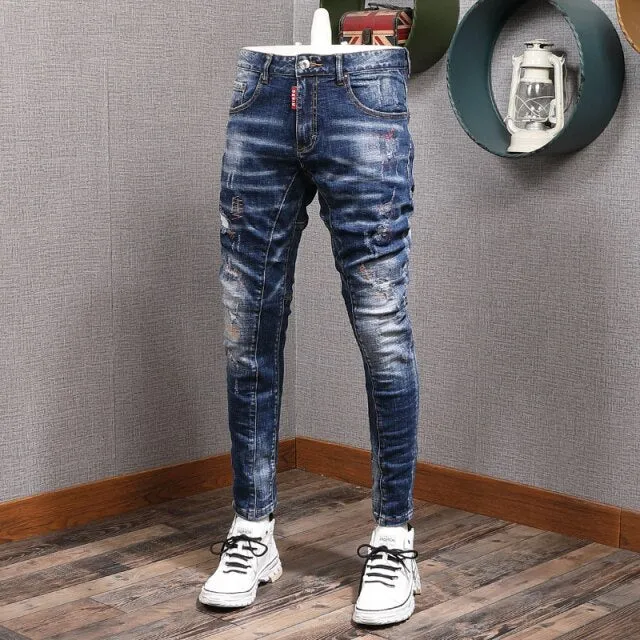 Fashion Streetwear Men Jeans Slim Fit Elastic Destroyed Ripped Denim Trousers Painted Spliced Designer Hip Hop Punk Biker Pants