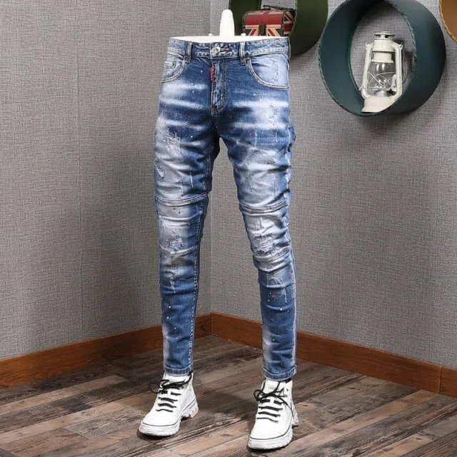 Fashion Streetwear Men Jeans Slim Fit Elastic Destroyed Ripped Denim Trousers Painted Spliced Designer Hip Hop Punk Biker Pants