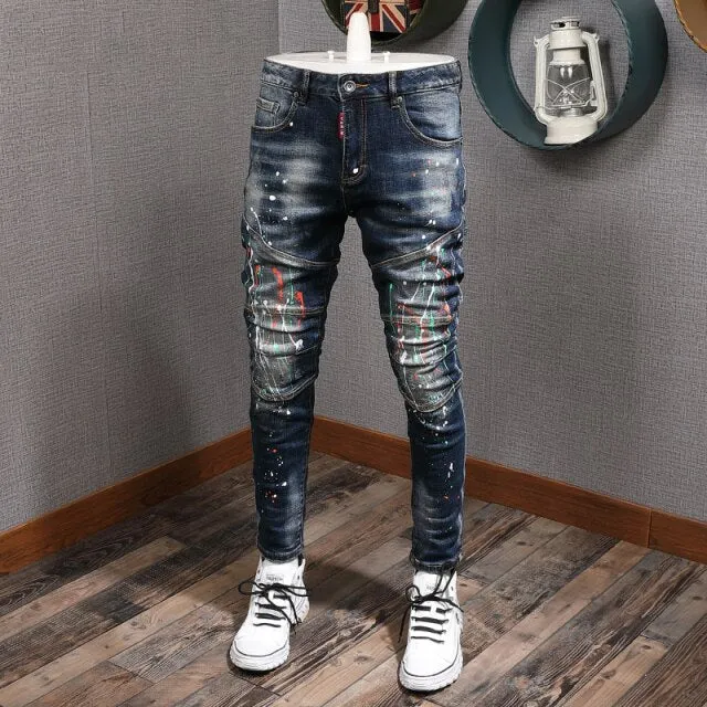 Fashion Streetwear Men Jeans Slim Fit Elastic Destroyed Ripped Denim Trousers Painted Spliced Designer Hip Hop Punk Biker Pants