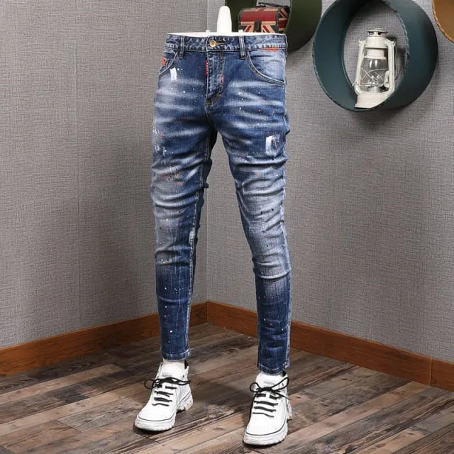 Fashion Streetwear Men Jeans Slim Fit Elastic Destroyed Ripped Denim Trousers Painted Spliced Designer Hip Hop Punk Biker Pants