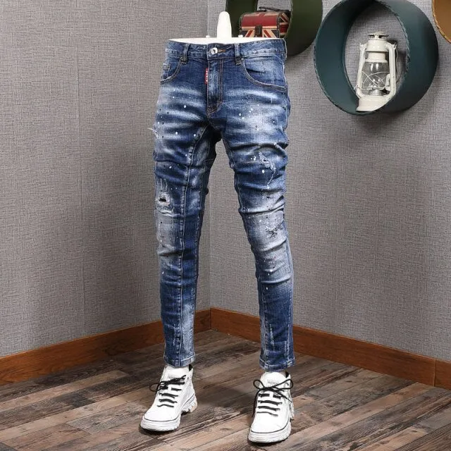 Fashion Streetwear Men Jeans Slim Fit Elastic Destroyed Ripped Denim Trousers Painted Spliced Designer Hip Hop Punk Biker Pants